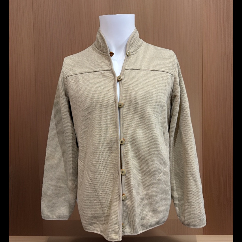 Orvis Beige Textured Knit Button Front Cardigan Jacket Stand Collar Leather Sz M